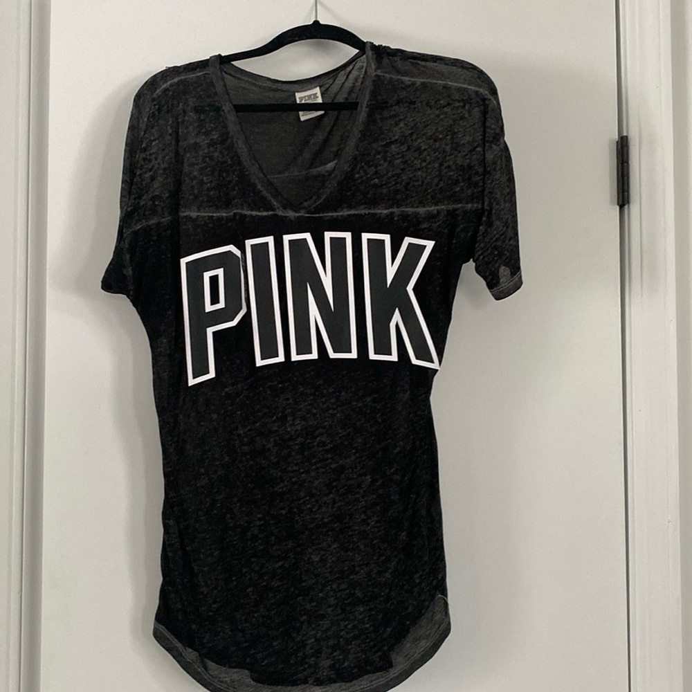 Victorias Secret Pink LOGO Sheer Burnout Spellout V Neck T  Black S (oversized)